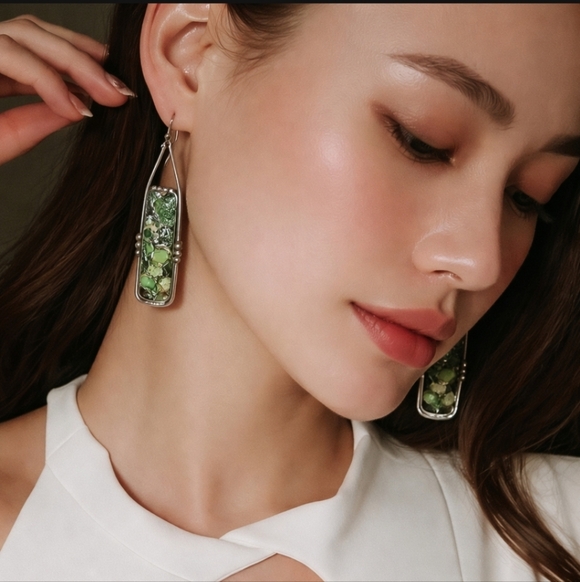 Boutique Jewelry - Chic Silver and Green Dangle Earrings